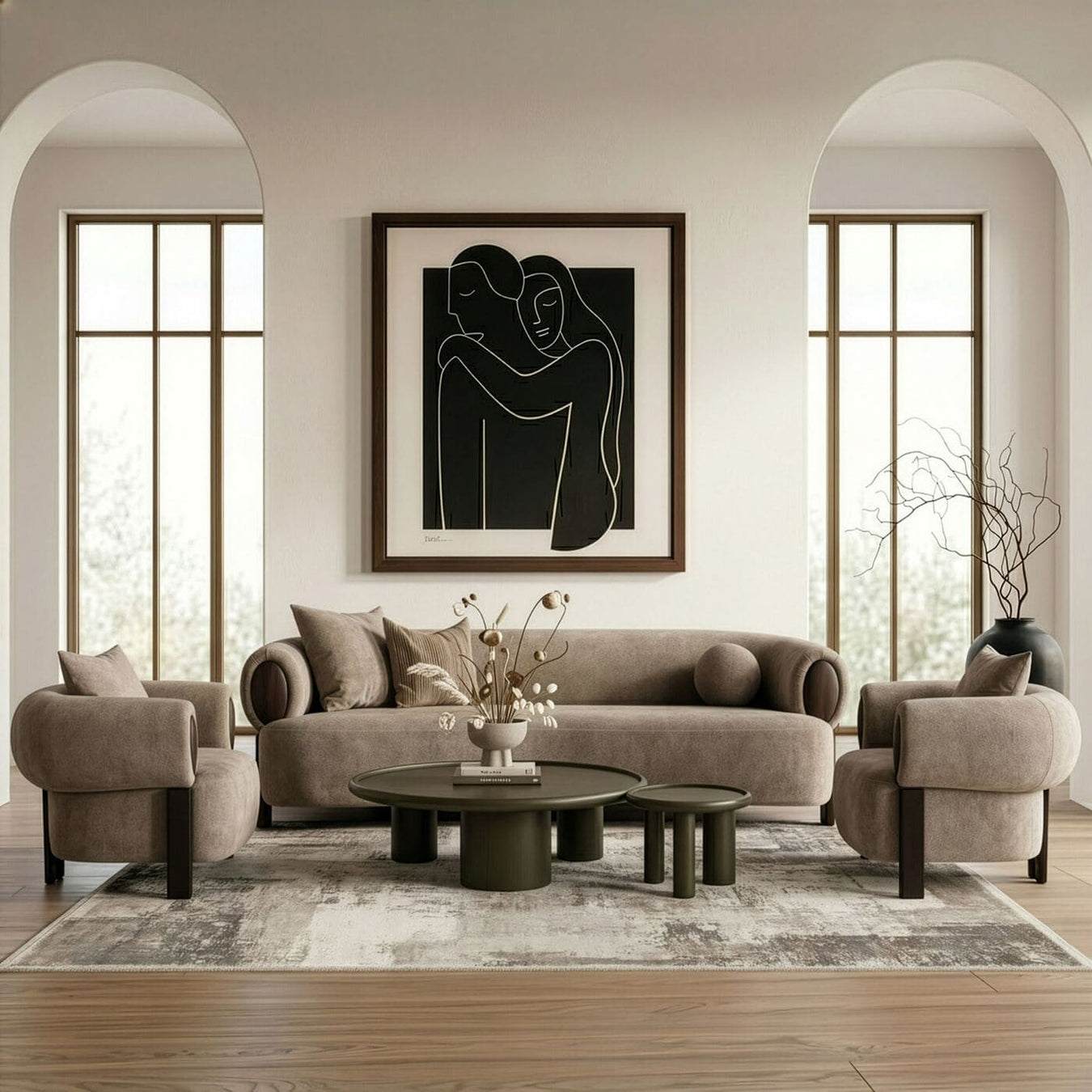 Arnaud Collection - tan fabric and brown oak living room set