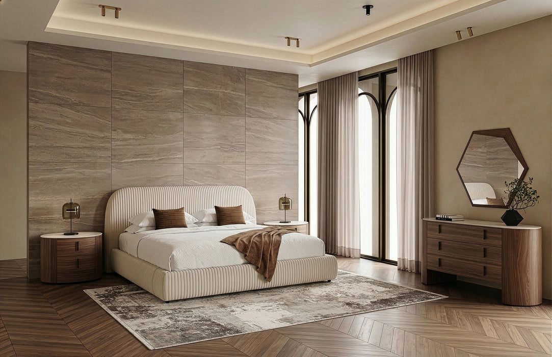 Eastern King Hortman + Chelton - Modern Beige Velvet + Walnut 4-Piece Bedroom Set