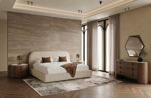 Eastern King Hortman + Chelton - Modern Beige Velvet + Walnut 4-Piece Bedroom Set