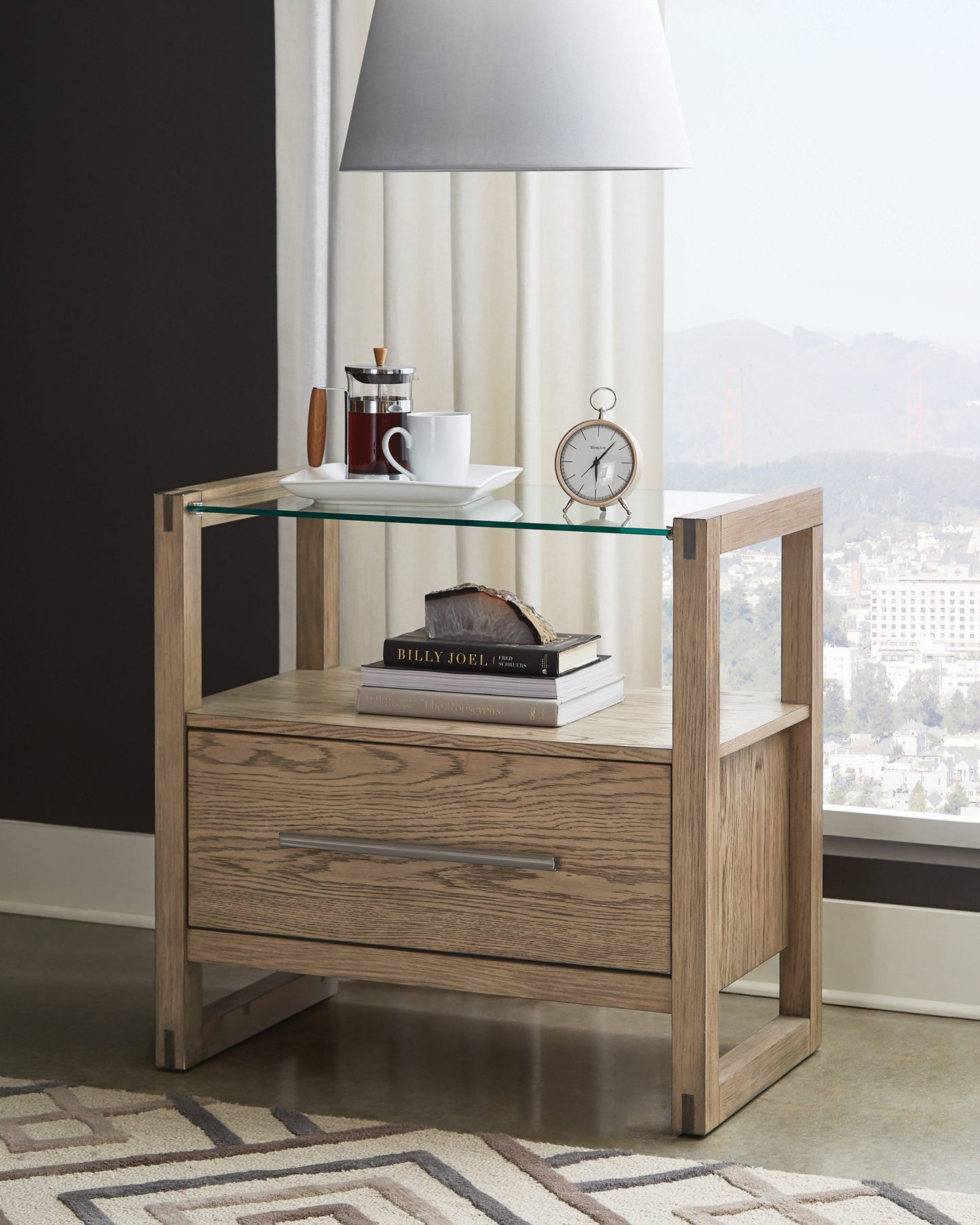 GREY OAK - NIGHT STAND GLASS TOP