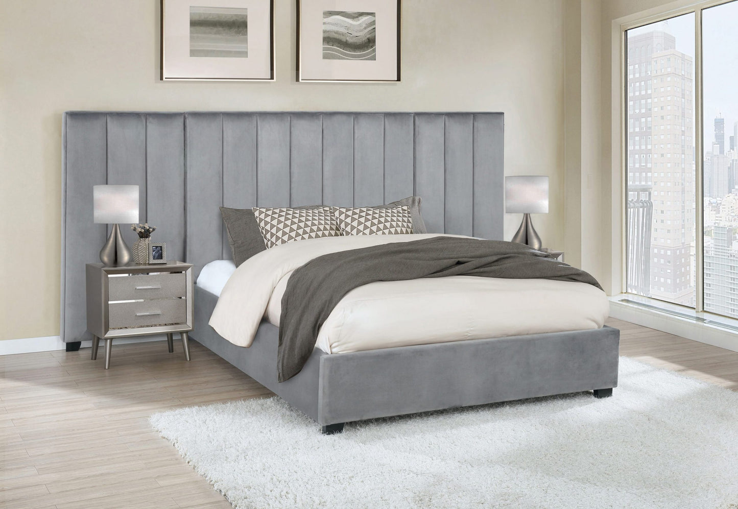 GREY VELVET - VERTICAL CHANNELED TUFTED BED