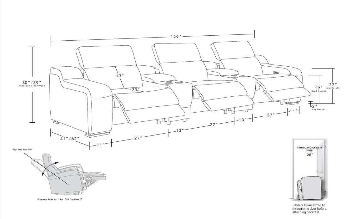 Global United 6111 L-Shaped Power Reclining Sectional | Genuine Leather