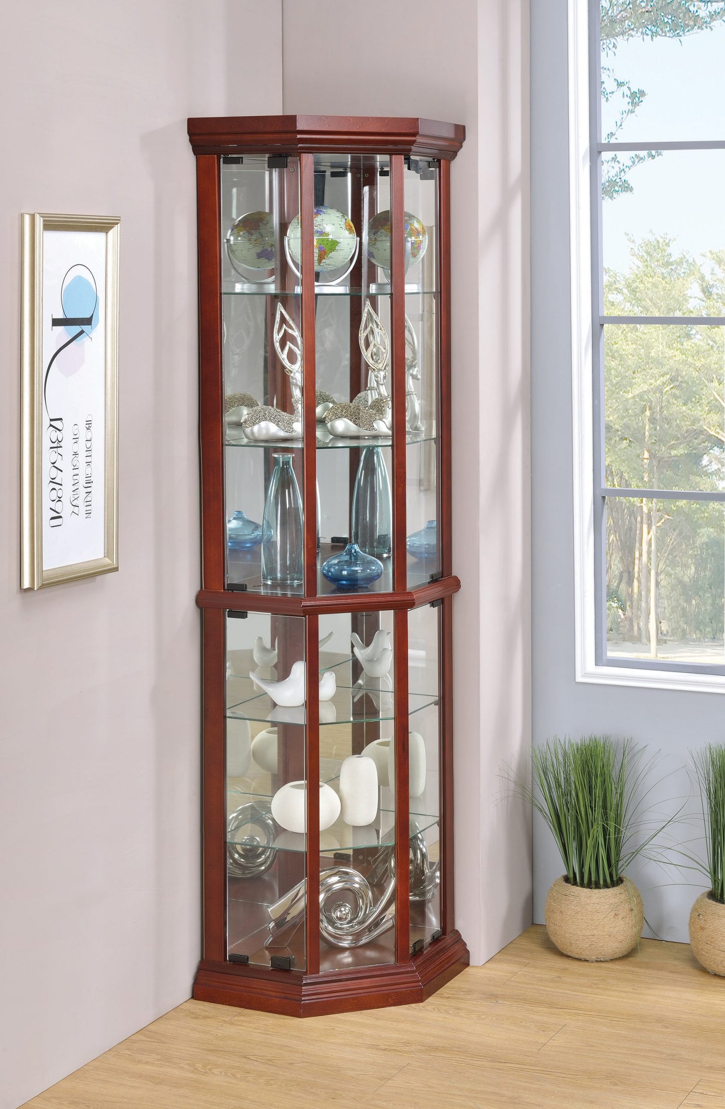 MEDIUM BROWN - 6 SHELF CORNER CURIO CABINET