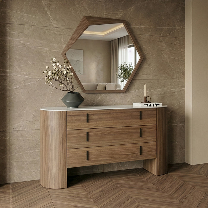 Hortman + Chelton - Modern Beige Velvet + Walnut 4-Piece Bedroom Set