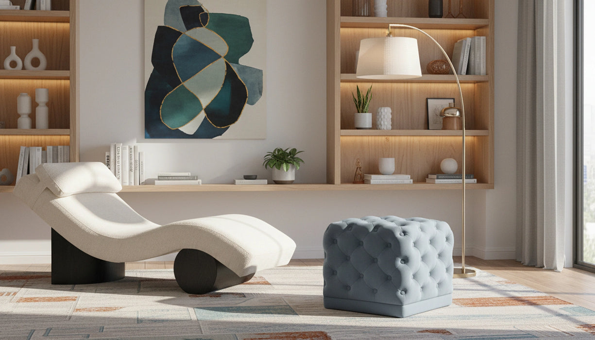 Stella Sky Blue Velvet Ottoman/Stool