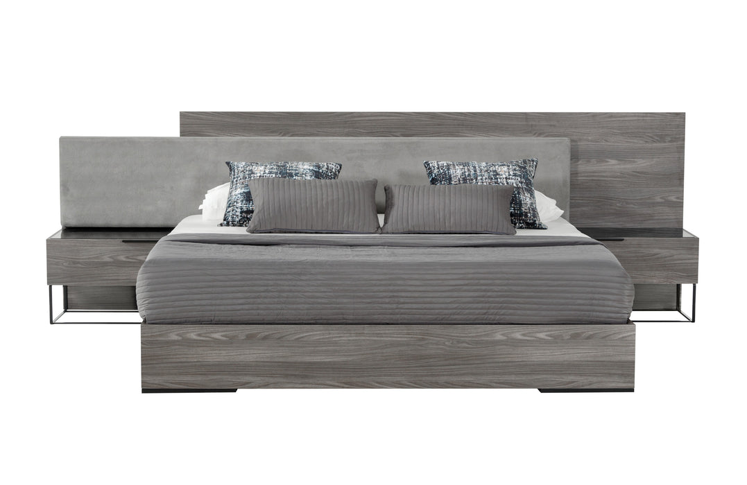 Enzo Italian Modern Grey Oak & Fabric Bed w/ Nightstands