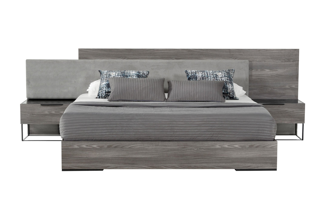 Enzo Italian Modern Grey Oak & Fabric Bed w/ Nightstands