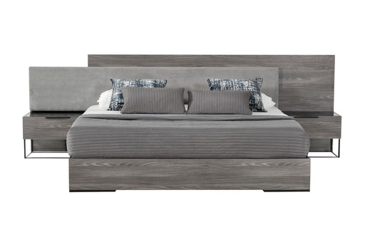 Enzo Italian Modern Grey Oak & Fabric Bed w/ Nightstands