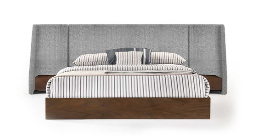 Queen Janice - Modern Grey Fabric and Walnut Bed and Nightstands