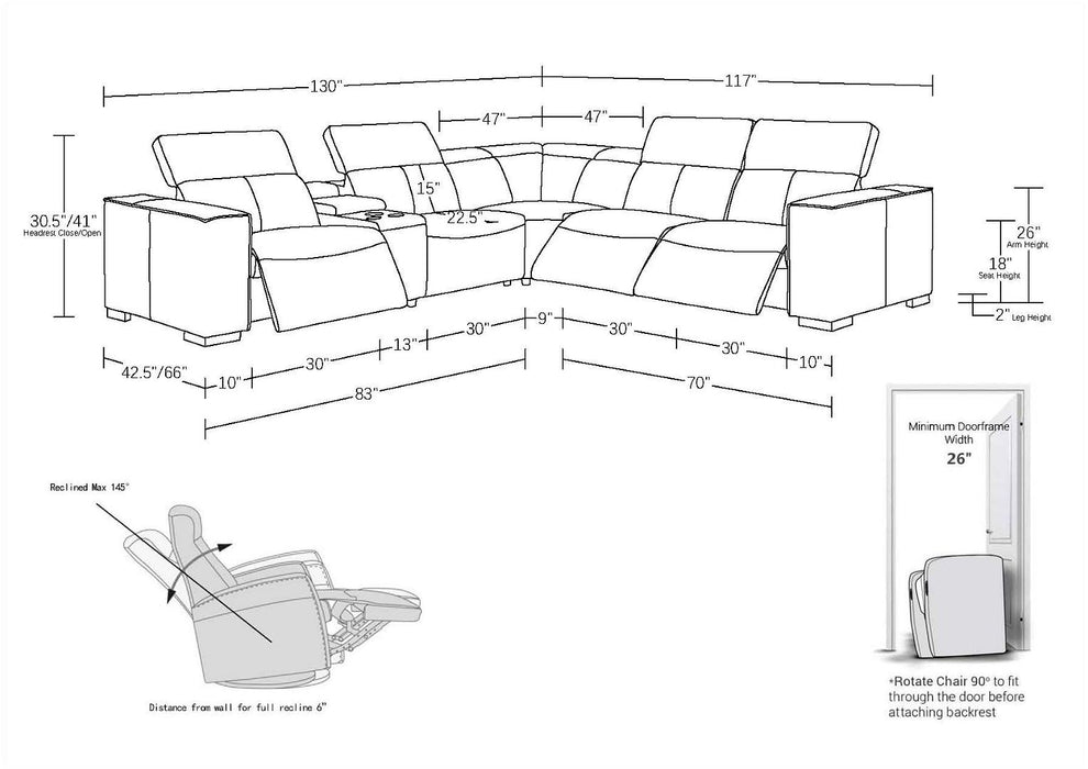 Global United 1208 White 6PC Sectional