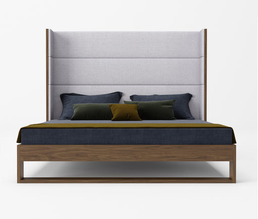 Queen Helenora - Contemporary Grey Fabric & Walnut Trim Bed