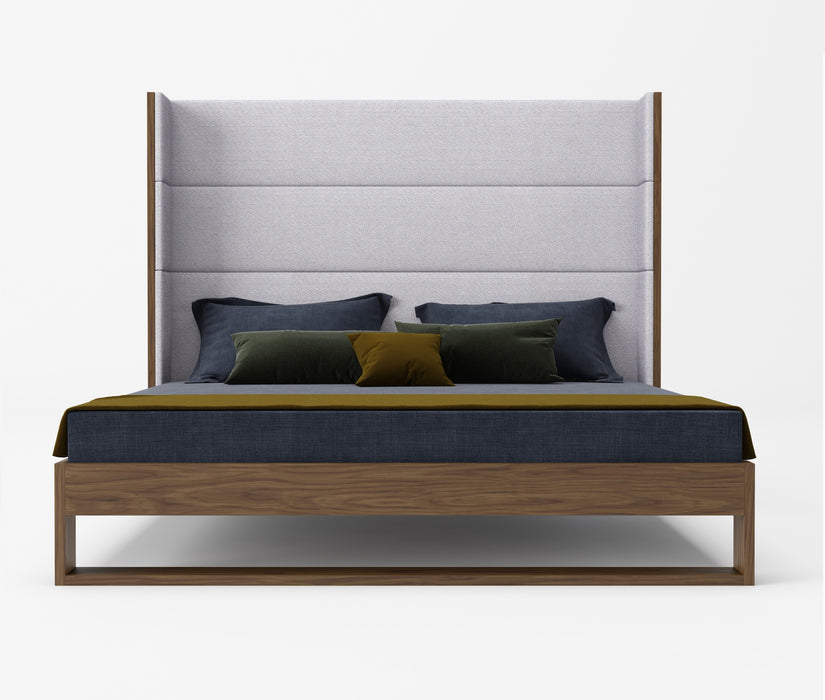 Queen Helenora - Contemporary Grey Fabric & Walnut Trim Bed