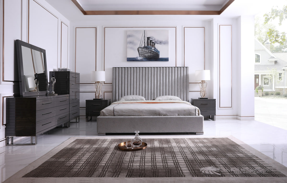 Eastern King Splendor - Silver & Grey Velvet Upholstered Platform Bed Set