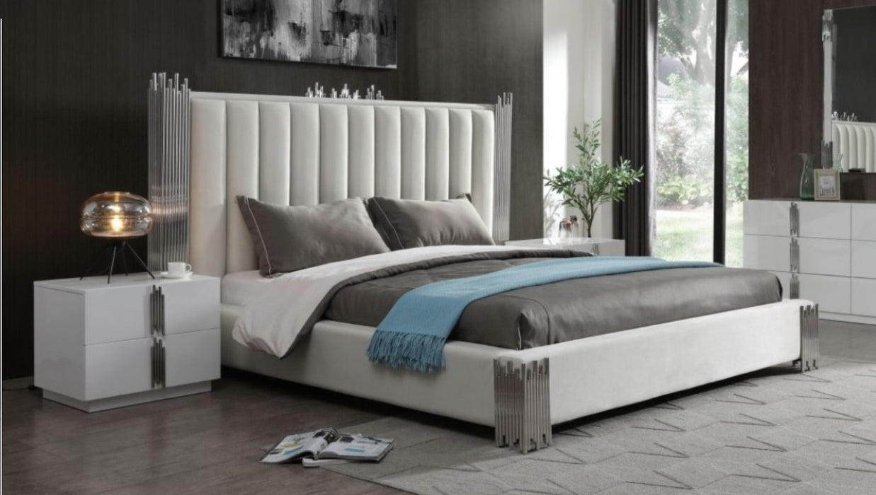 Token - Modern White + Stainless Steel Bed + Nightstands