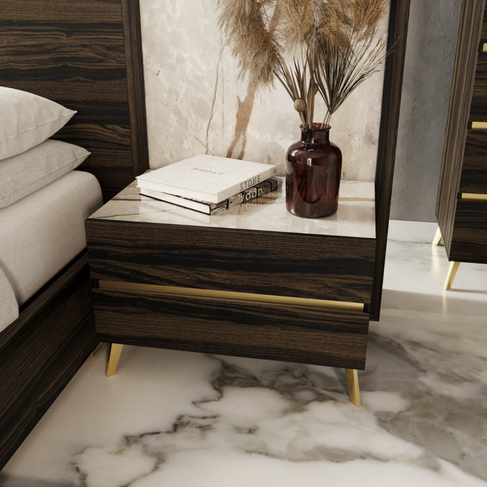 Velondra - Modern Eucalypto + Marble Bed with Two Nightstands