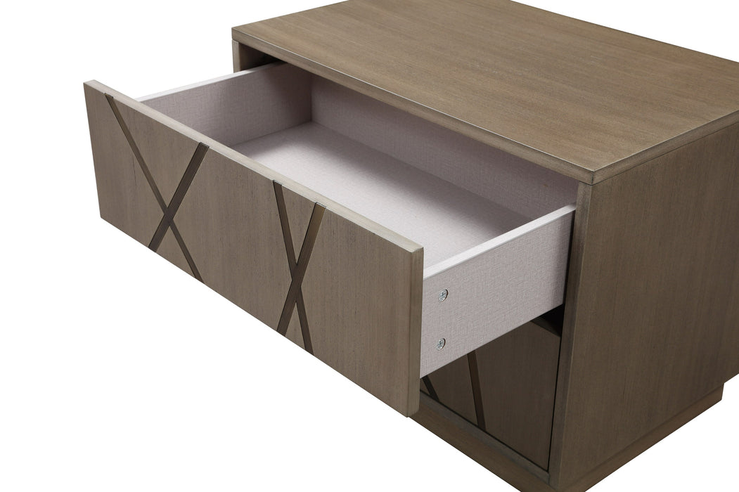 Nixa - Modern Beige Velvet + Brushed Bronze + Birch Bed + Nightstands-queen