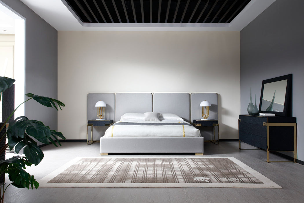 Eastern King Athena & Rothsay - Modern Grey Fabric + Wenge + Gold Bedroom Set