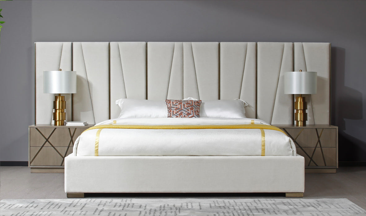 Nixa - Modern Beige Velvet + Brushed Bronze + Birch Bed + Nightstands-queen