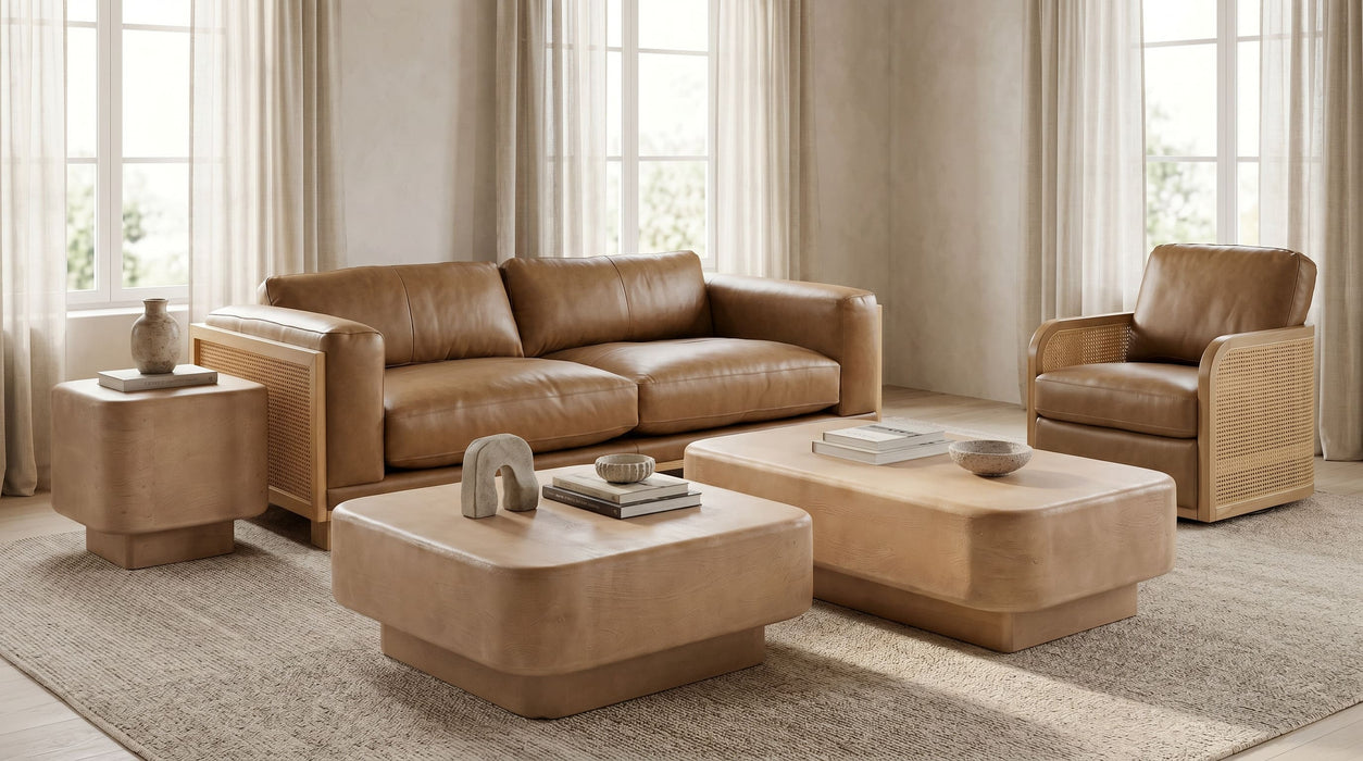 Danson - Modern Tan Leather + Wicker Sofa