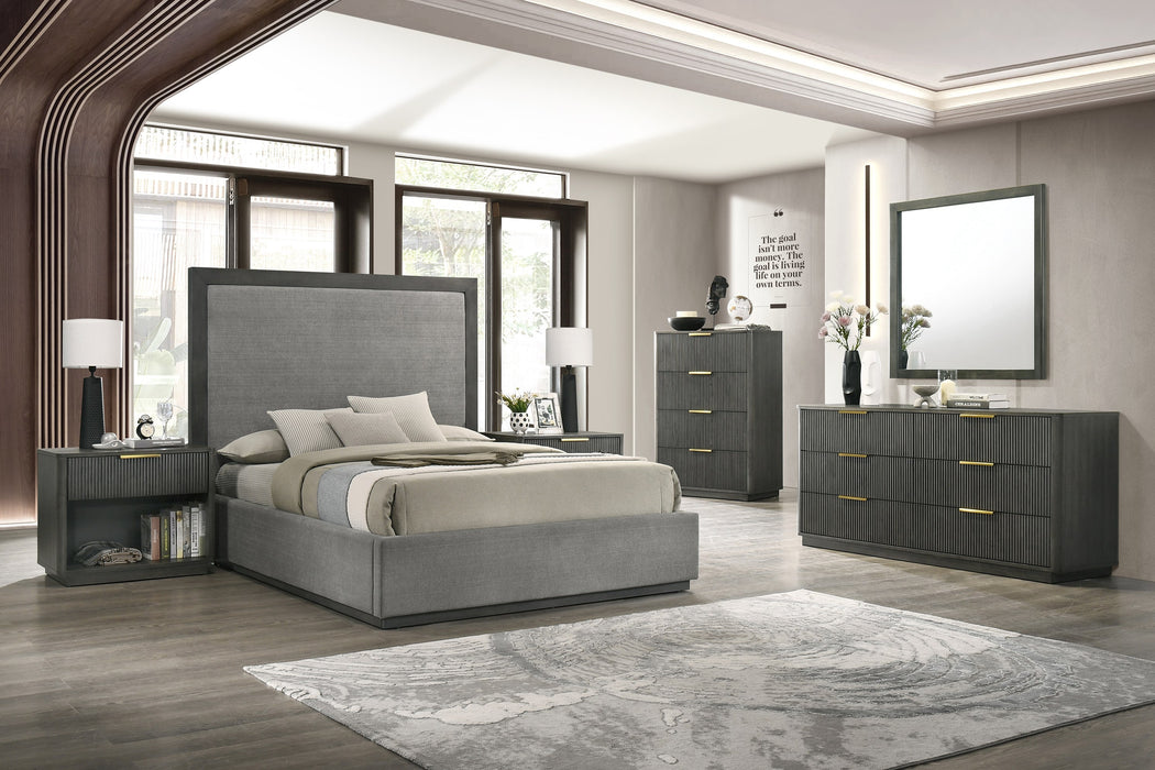 Eastern King Santa Barbara + Santa Monica - Modern Grey Fabric + Grey Wash Bedroom Set