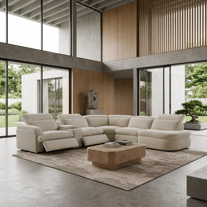 Ambler - Modern Off-White Fabric Sectional Sofa w/ 2 Power Recliners Right Facing Chaise