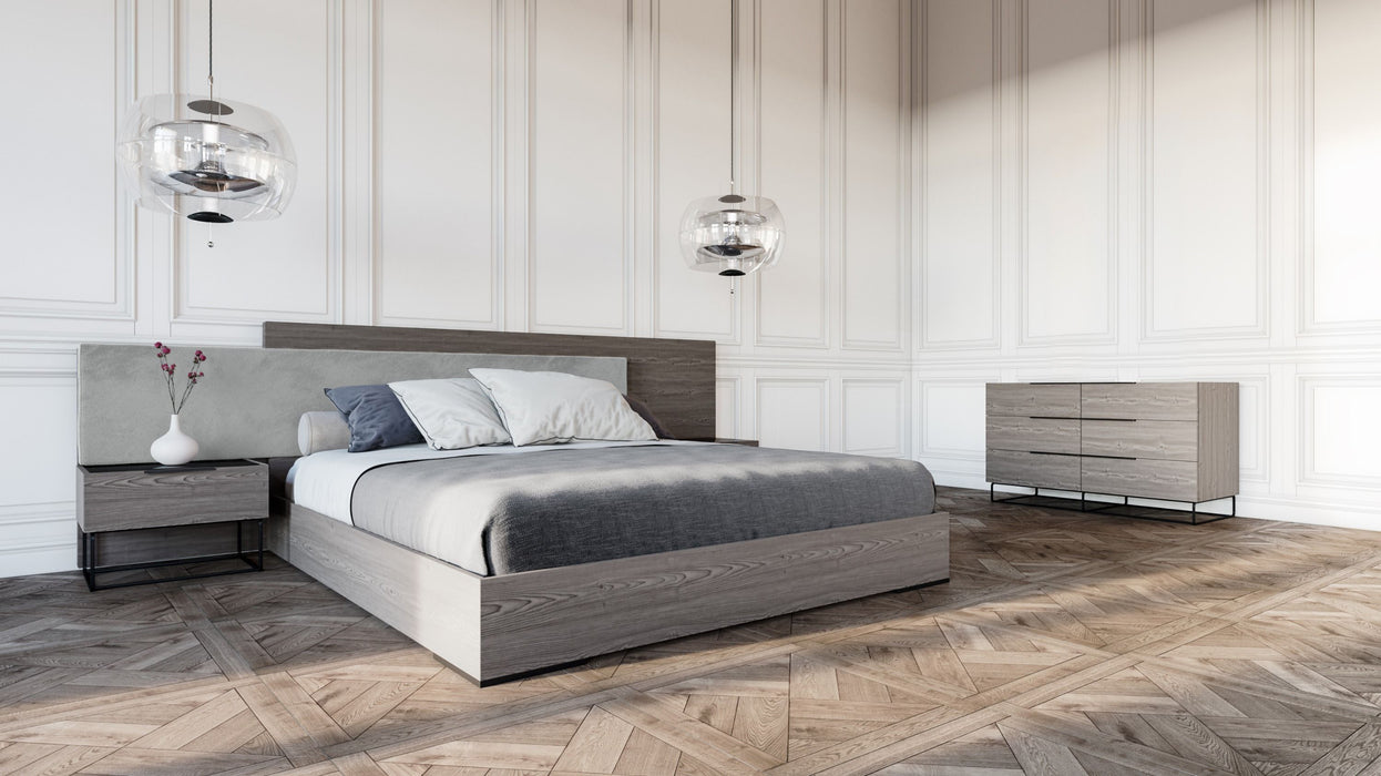 Enzo Italian Modern Grey Oak & Fabric Bed w/ Nightstands