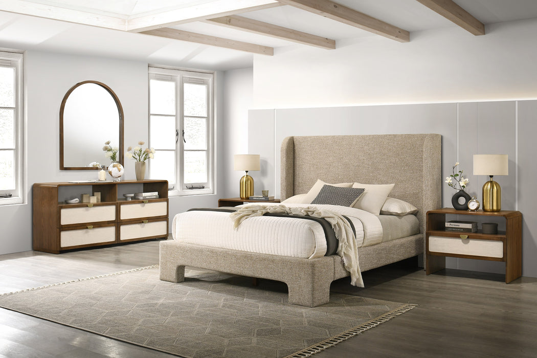 Eastern King Emilio - Modern Beige Fabric + Burlap + Walnut 4-Piece Bedroom Set