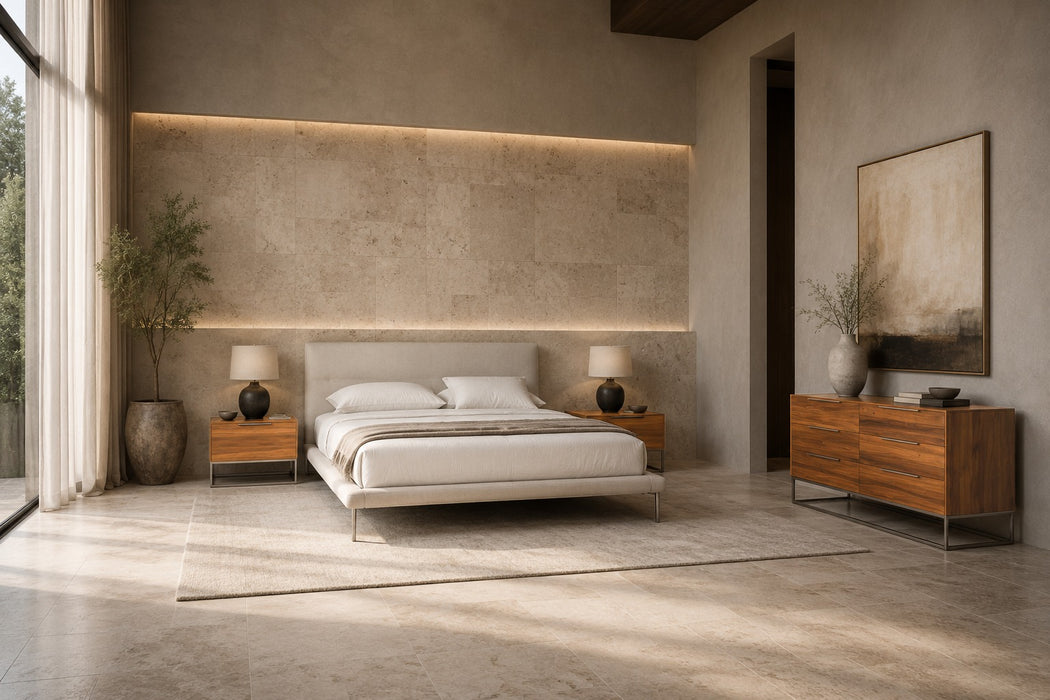 Bergeron + Lorenzo - Contemporary Cream Fabric + Light Oak 4-Piece Bedroom Set