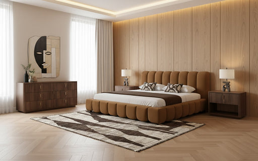 Eastern King Harris + Roma - Modern Brown Fabric + Walnut 4-Piece Bedroom Set