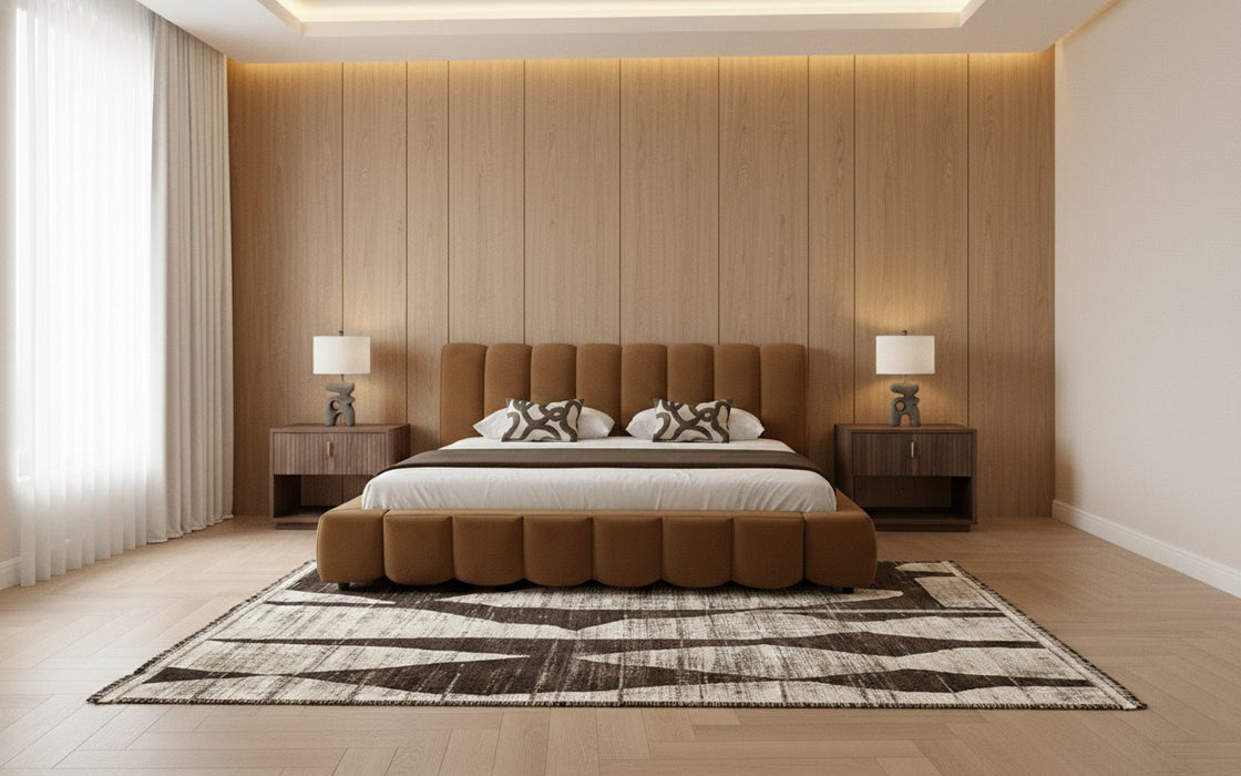 Harris + Roma - Modern Brown Fabric + Walnut 4-Piece Bedroom Set