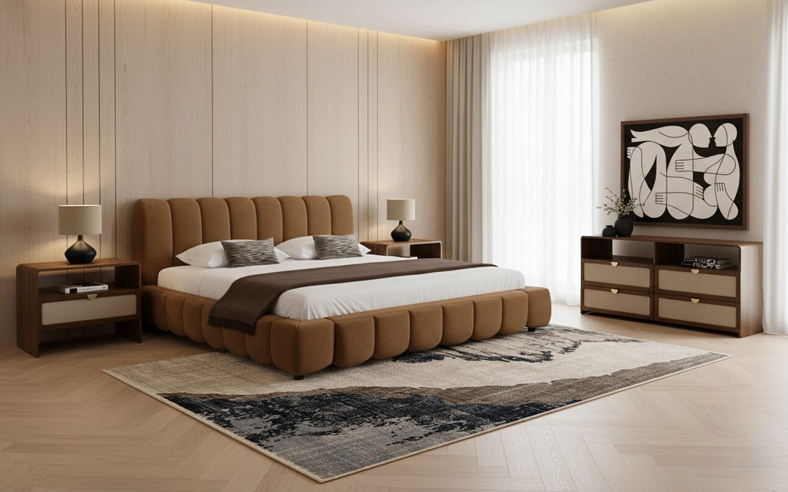 Harris + Emilio - Modern Brown Fabric + Burlap + Walnut 4-Piece Bedroom Set