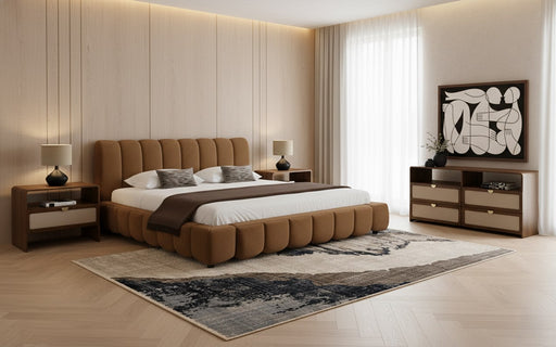Eastern King Harris + Emilio - Modern Brown Fabric + Burlap + Walnut 4-Piece Bedroom Set