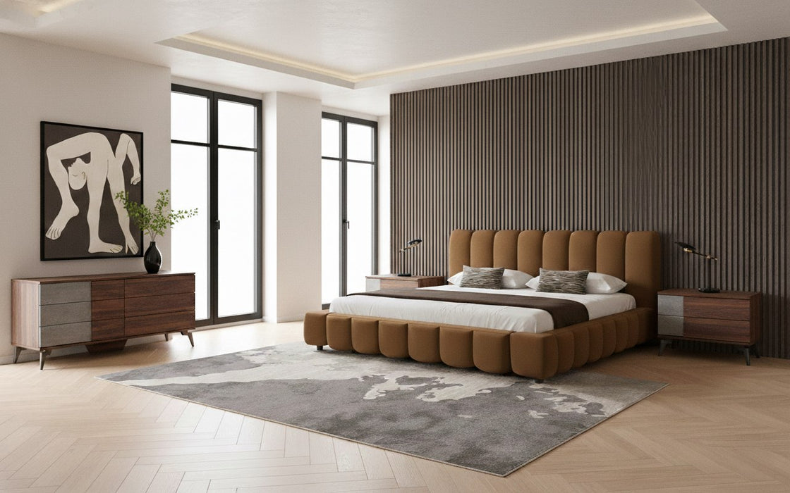 Eastern King Harris + Palermo - Modern Brown Fabric + Faux Concrete & Walnut 4-Piece Bedroom Set