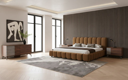 Eastern King Harris + Palermo - Modern Brown Fabric + Faux Concrete & Walnut 4-Piece Bedroom Set