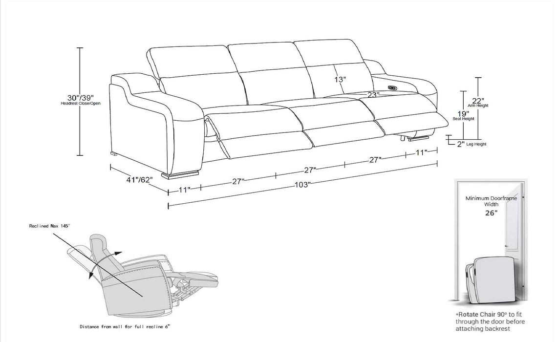 Global United 6111 Power Reclining Sofa | Genuine Leather