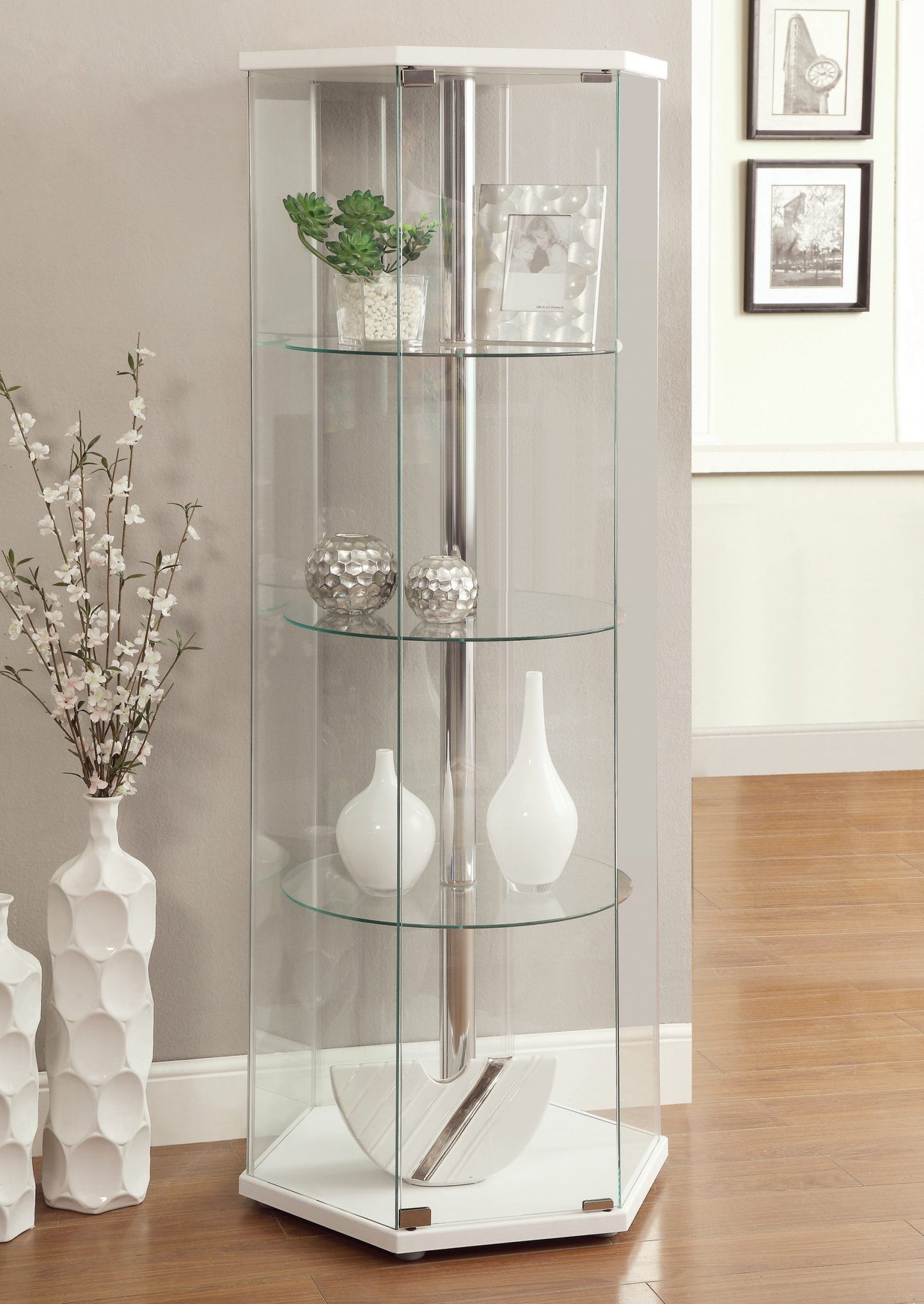 WHITE - 4 SHELF HEXAGON SHAPED CURIO CABINET