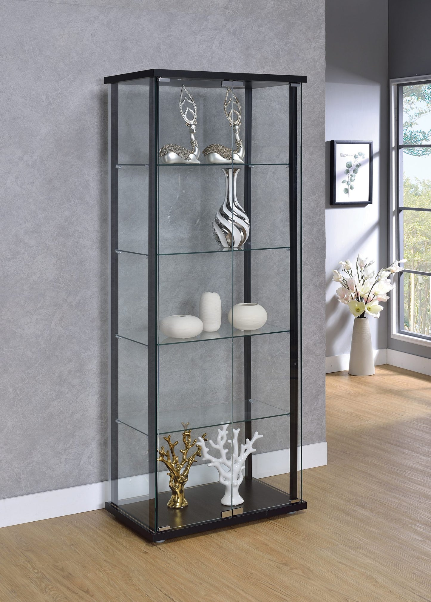 BLACK - 5 SHELF GLASS CURIO CABINET