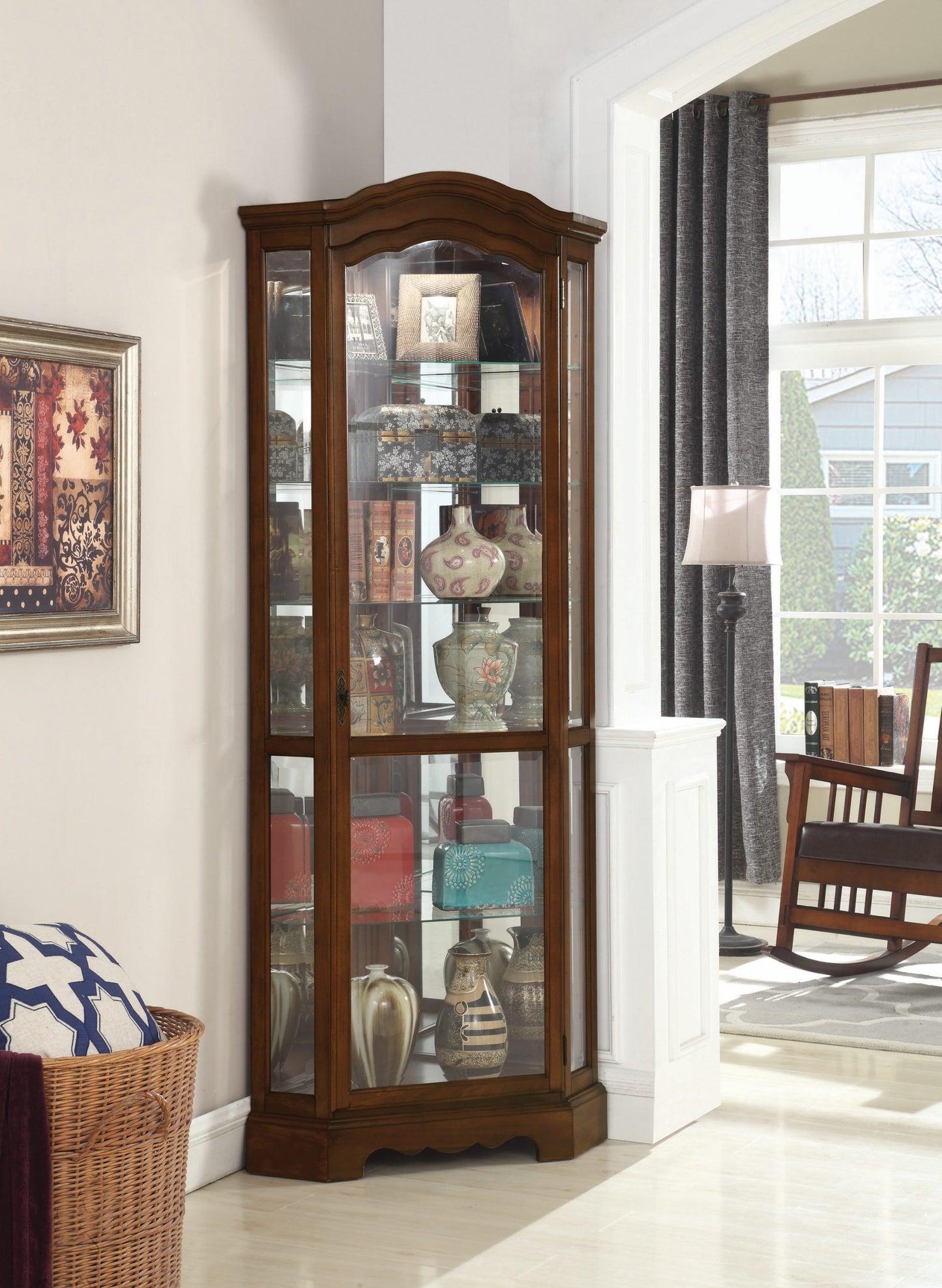 BURNISHED BROWN - 6 SHELF CORNER CURIO CABINET