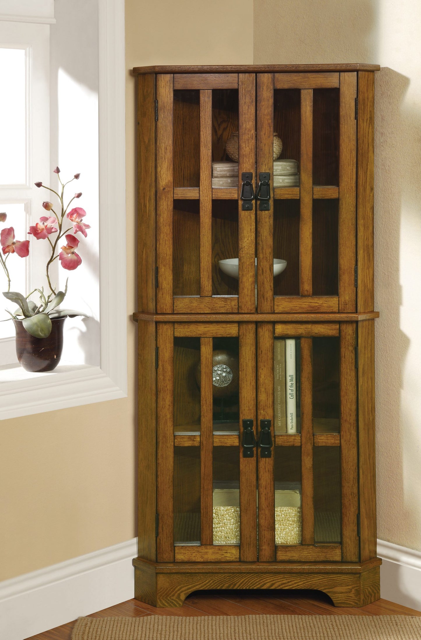 GOLDEN BROWN - 4 SHELF CORNER CURIO CABINET