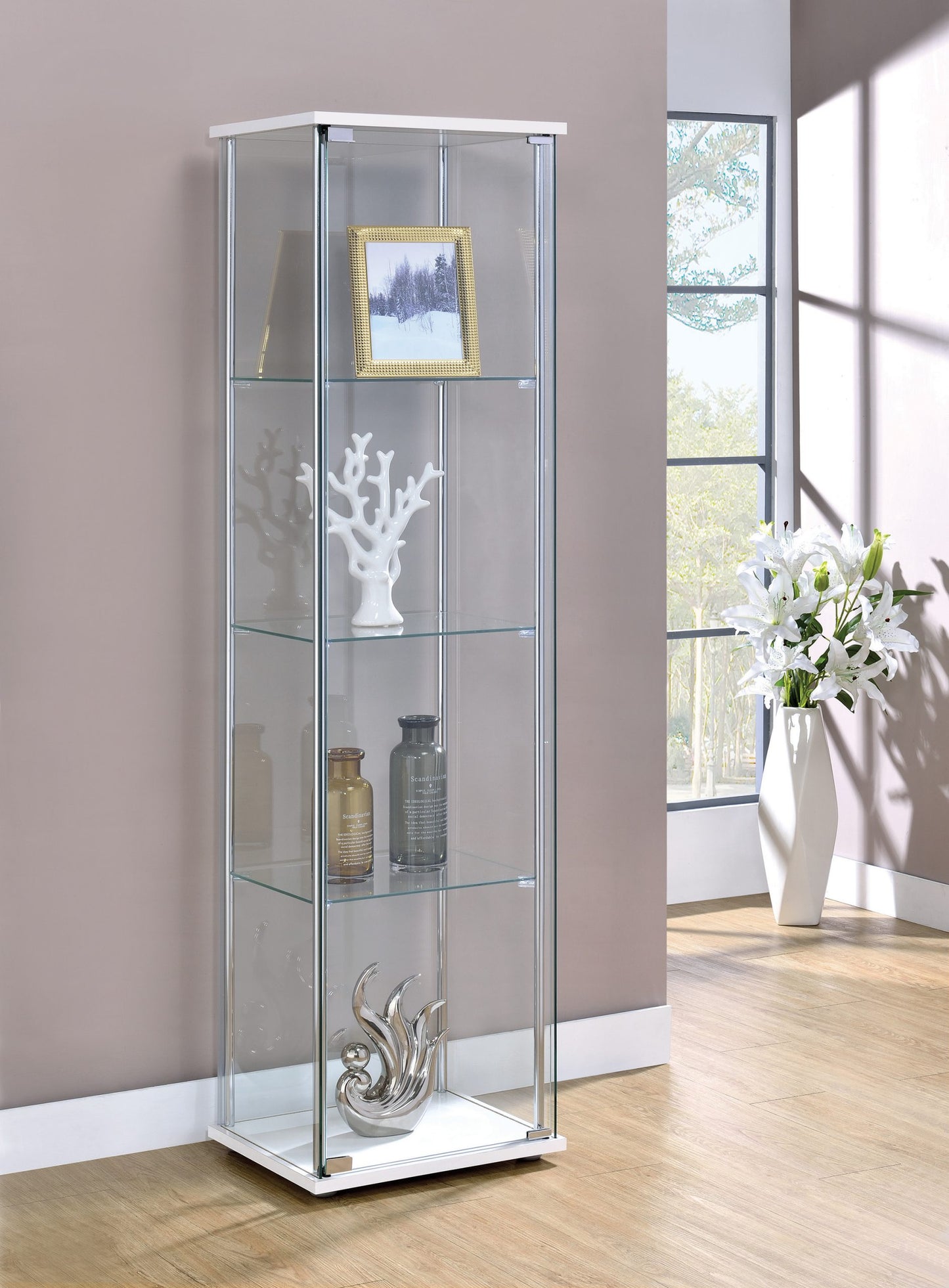 CHROME - RECTANGULAR 4-SHELF CURIO CABINET