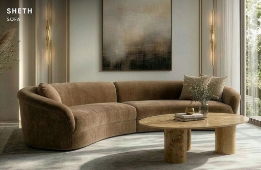 Sheth curved sectional sofa in brown fabric