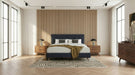 Eastern King Addison +Soria - Mid-Century Modern Grey Fabric + Walnut 4-Piece Bedroom Set