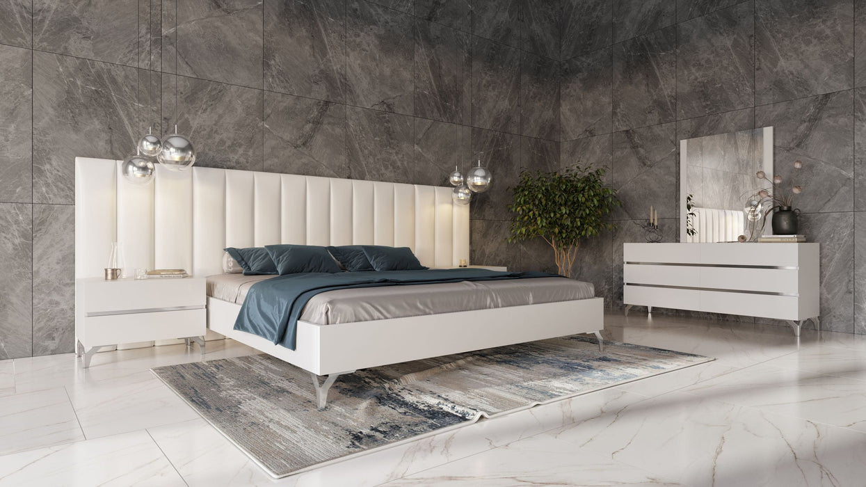 Angela - Italian Modern White Eco Leather Bed w/ Nightstands and Wings