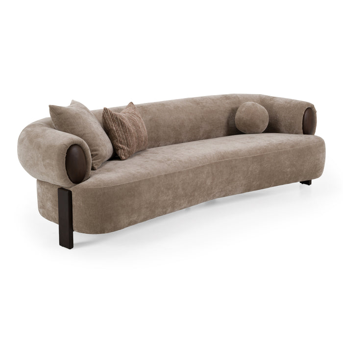 Arnaud tan fabric brown oak sofa - angle view