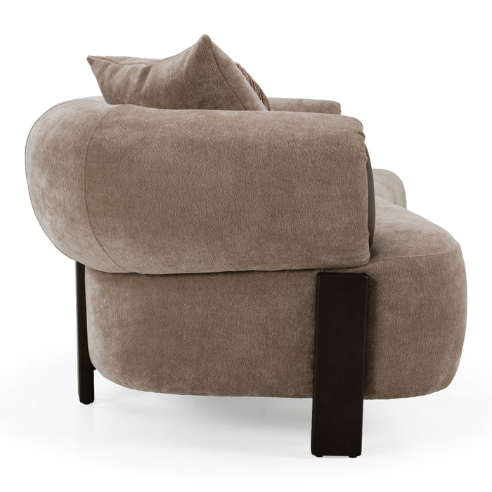 Arnaud tan fabric brown oak sofa - side view