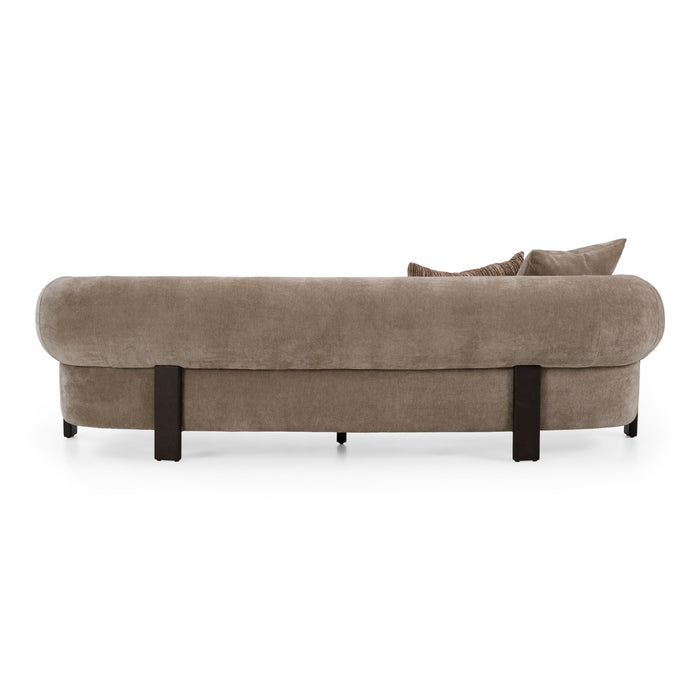 Arnaud tan fabric brown oak sofa - detail view