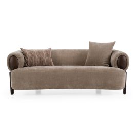 Arnaud Modern Tan Fabric and Brown Oak Loveseat Sofa
