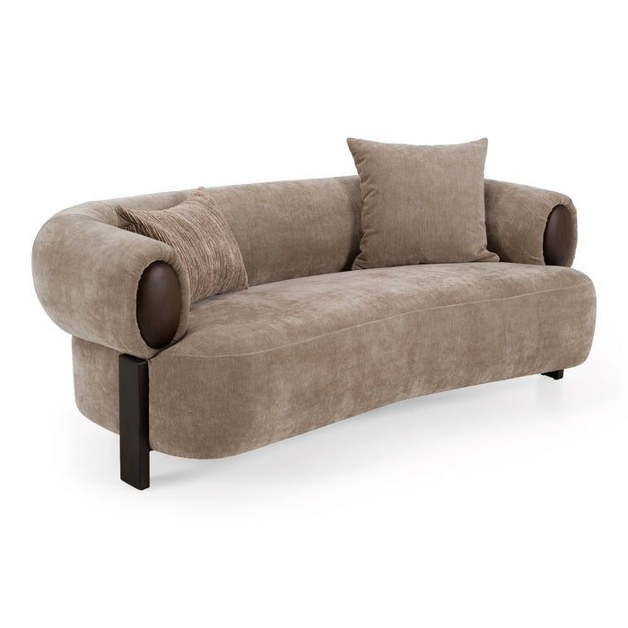 Arnaud tan fabric brown oak loveseat - angle view