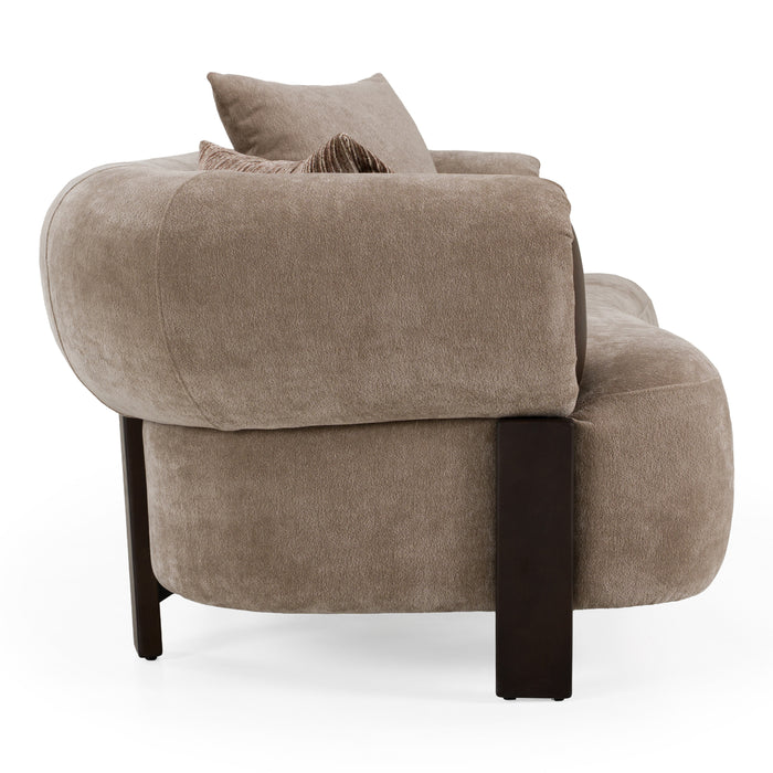 Arnaud tan fabric brown oak loveseat - side view