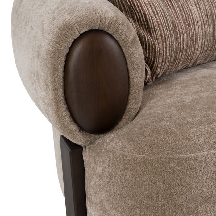 Arnaud tan fabric brown oak loveseat - back view
